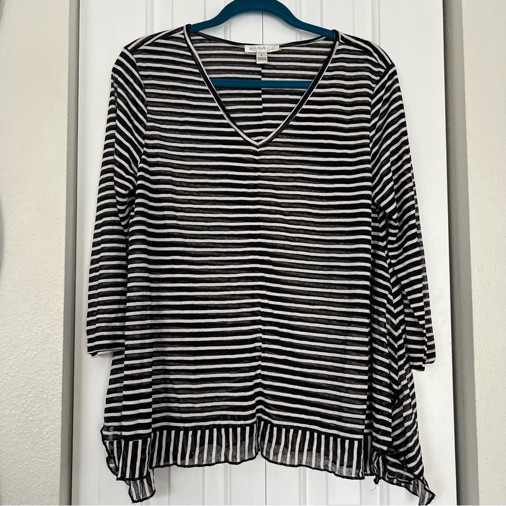 Studio JPR Sheer Knit Double Layer Striped Blouse 3/4 Sleeve Tee L Made In Viet